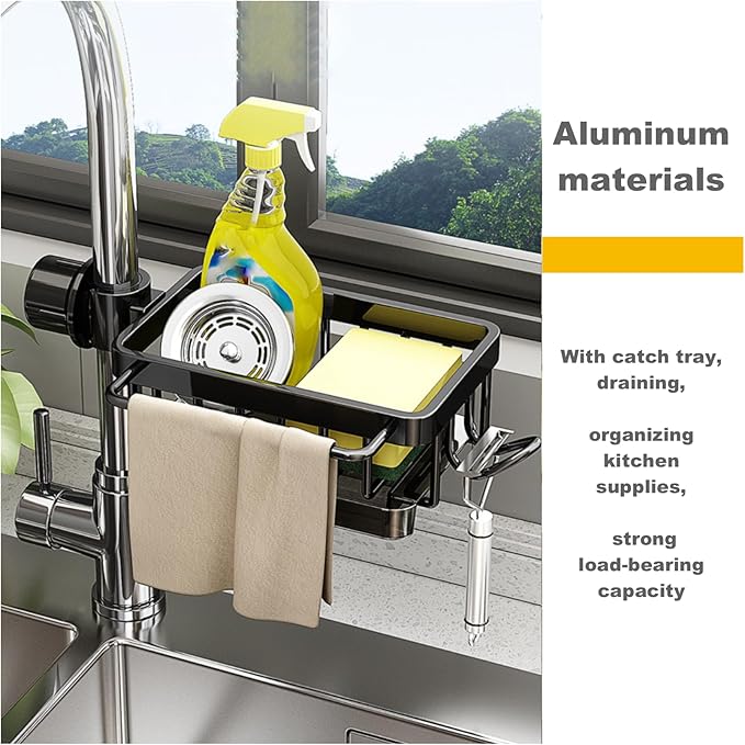 Sink Organizer Rack for Kitchen and Bathroom, 2025 New Stainless Steel Detachable Hanging Faucet Drain Rack with Drip Tray Faucet Sponge Holder for Bathroom (Black, Right)