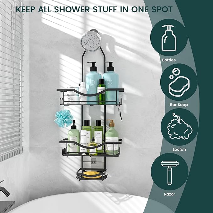 Shower Caddy Hanging Adjustable Shower Caddy, Rustproof Shower Organizer Extended Length Shower Caddies Over Shower Head with Hooks Soap Holder, Large Capacity Anti-Swing Bathroom Organizer, Black