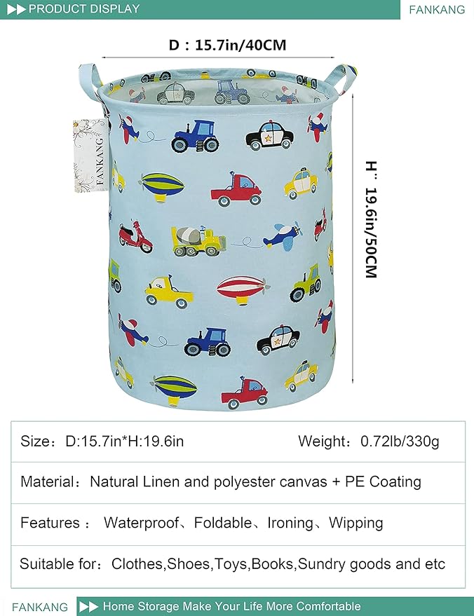 FANKANG Storage Basket, Nursery Hamper Canvas Laundry Basket Foldable with Waterproof PE Coating Large Storage Baskets for Kids Boys and Girls, Office, Bedroom, Clothes,Toys（Car）