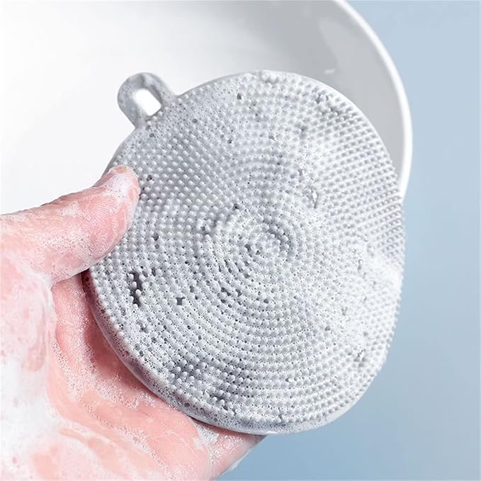 4PCS Silicone Dish Scrubber, Multipurpose Round Silicone Sponges Reusable Dish Brush Dish Brush for Kitchen Dish Dishes Fruits Vegetables(Gray)