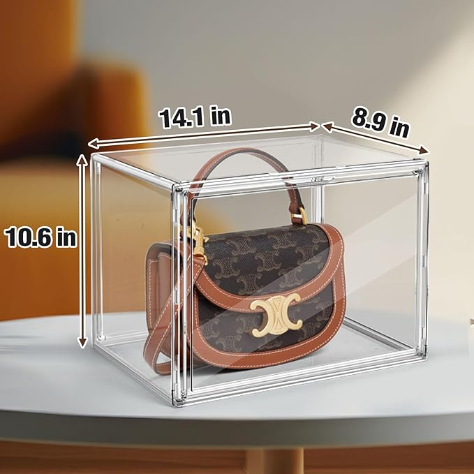 4Pack X-Large Purse Organizer for Closet Clear Acrylic Display Case for Handbag Organizer, Purse Storage Box with Magnetic Door, Dustproof Storage Bins for Collectibles, Size 14