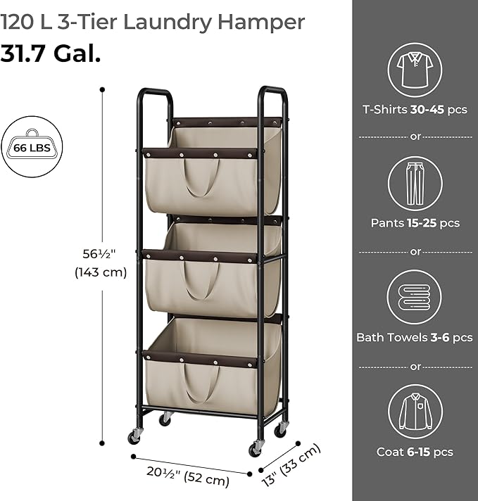GRANNY SAYS 3 Tie Laundry Sorter, Laundry Basket with Wheels, Laundry Room Organization and Storage, 3 Section Rolling Laundry Cart for Dorm, Bathroom, Bedroom, Closet, Light Khaki