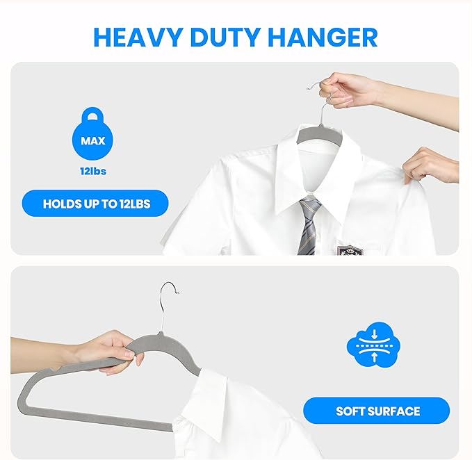YSSOA Velvet Hangers 50 Pack, Non-Slip Clothes Hangers with Shoulder Notches, 360° Swivel Hooks, Heavy Duty Standard Hanger for Closet Space Saving, Grey