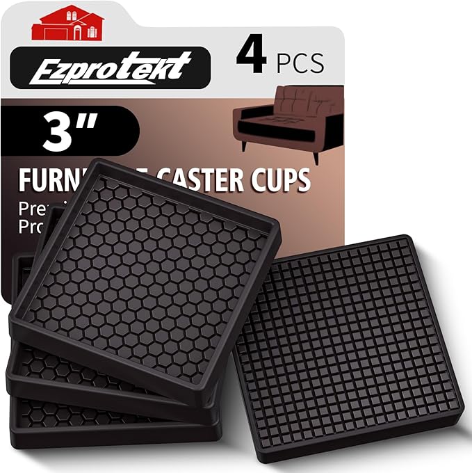 Ezprotekt 3x3” Square Rubber Anti Slip Furniture Pads Coasters for Hardwoods Floors, 4 Pcs Non Slip Furniture Caster Cups Floor Protectors for Sofa Couch Bed Stoppers to Prevent Sliding (Brown)