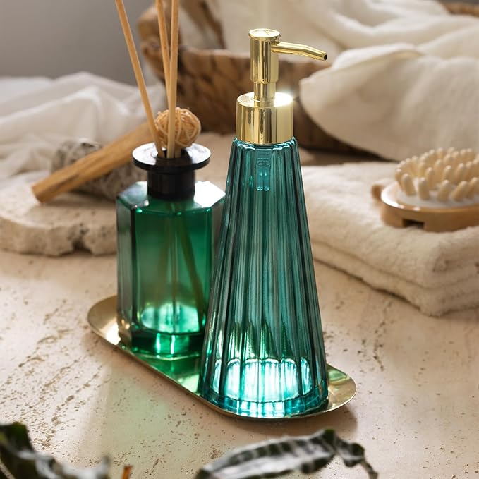 EMPO Vintage Elegant Glass Soap Dispenser, Liquid Soap/Sanitizer/Shampoo Bottle with Golden ABS Pump, Rustic Farmhouse Decor Hand Soap Dispenser Bathroom Accessories (Ocean Teal)