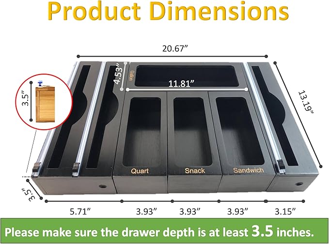 Incredinest Bamboo Drawer Organizer Bag Holder – Modular Design Zip Lock Bag Organizer Plastic Wrap Dispenser with Cutter – Baggie Organizer for Drawer with Single and Double Wrap Dispenser