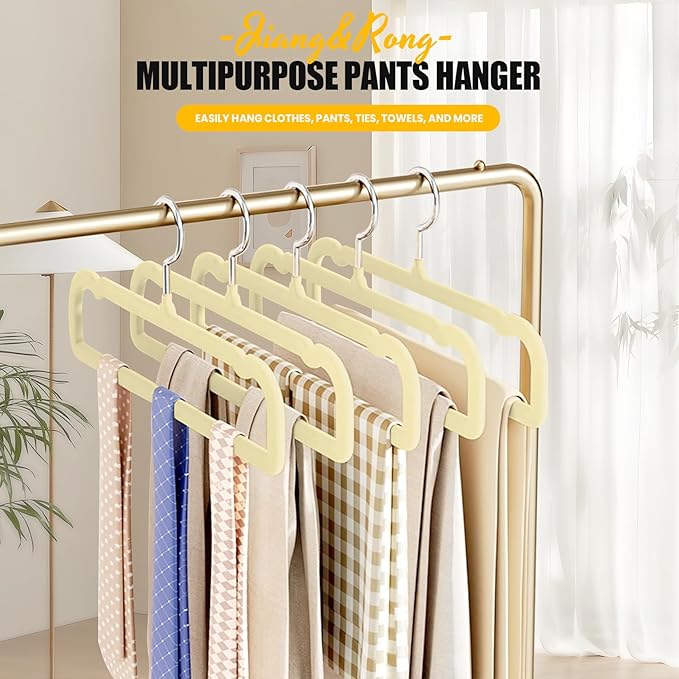 Jiang&Rong 30-Pack Velvet Pants Hangers, Space Saving Slim and Ultra-Thin Non-Slip with 360° Rotating Hooks Felt Hangers, Strong Load-Bearing Capacity Hangers(Beige)