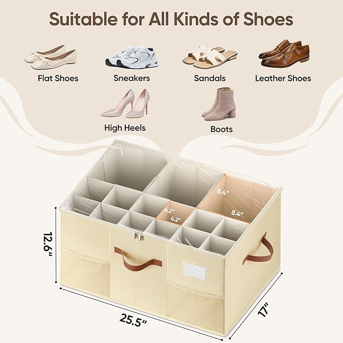 Shoe Organizer for Closet, 2 Pack Shoe Storage Containers with Adjustable Dividers, Space Saving Shoe Box Storage Organizers Bins with Clear Lid & 4 Handles, Fits 24-48 Pairs, Beige