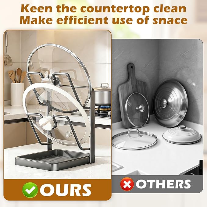 Kitchen Pot Lid Storage Rack, Pot-Lid Cutting Board Holder With Removable Drip Tray, Multifunctional Utensils Pan Pot Cover Lid Rack Shelf For Stove Top or Countertop