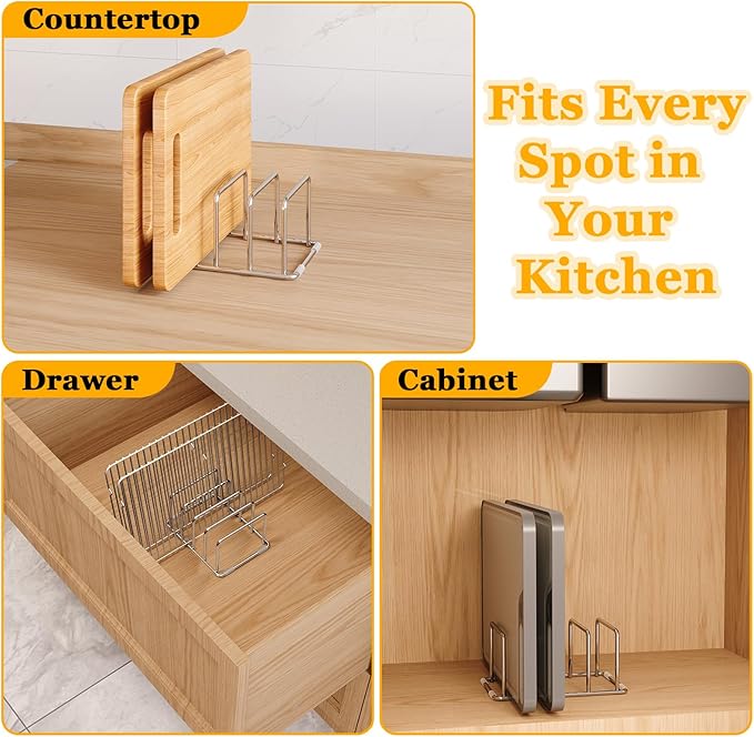 Cutting Board Organizer Stand Holder - 304 Stainless Steel Chopping Board Rack, Pot Pan Lid Holder, Kitchen Shelf for Bakeware, Cookie Sheets, 4-Slot 1.02-Inch Width Design