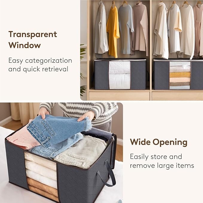 Lifewit Large Capacity Clothes Storage Bag Organizer with Reinforced Handle Thick Fabric for Comforters, Blankets, Bedding, Foldable with Sturdy Zipper, Clear Window, 30 Pack, 90L, Grey