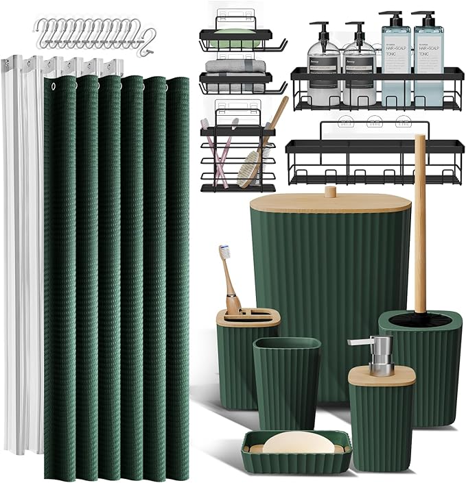 Clara Clark Bathroom Accessories Set - Bathroom Set with Adhesive Corner Shower Caddy Hanging, 25PC Bathroom Accessory Set, Hunter Green Shower Curtain Set, Toilet Brush, Trash Can & Soap Dispenser