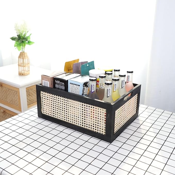 Wooden Frame Storage Basket, Decorative Organizer Crates Box with Built-in Handle,Natural Wire Wood Nesting Drawer Storage for Kitchen, Bathroom and Office Desktop-(15" Lx11 Wx6.3 H-Black)
