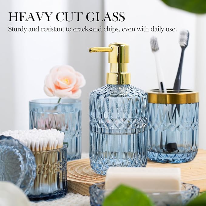 Bathroom Accessory Set 5 Pcs, Glass Bathroom Set Include Soap Dish, Toothbrush Holder, Mousewash Cup, Soap Dispenser, Cotton Swab Jar, Blue