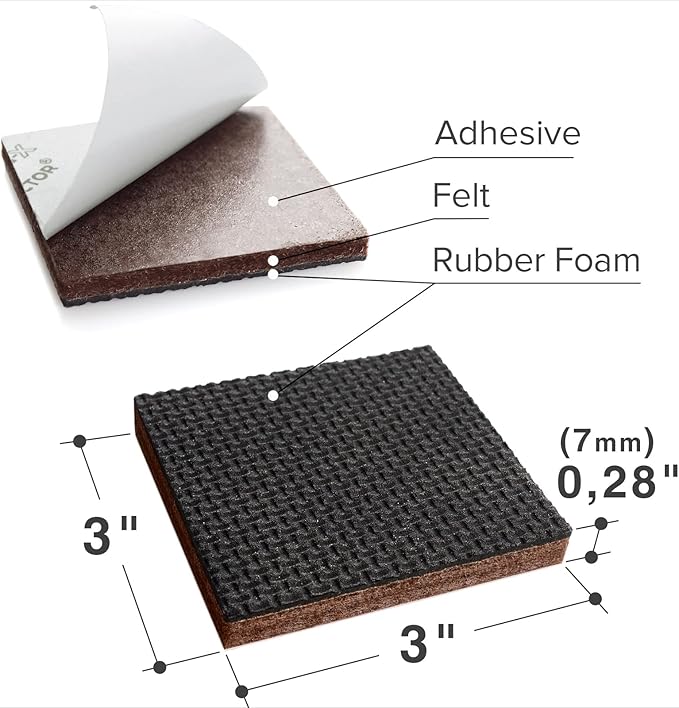 X-Protector Non Slip Furniture Pads for Hardwood Floors - 16 PCS 3'' - Anti Slip Rubber Square Pads - Black / Brown