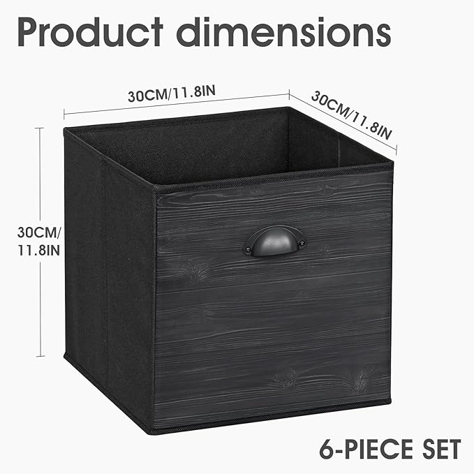 homyfort Fabric Cube Storage Organizer Bins, 12x12 Inch Black Wood Grain Printing Storage Cubes, Closet Cloth Baskets Box For Shelves, Set of 6
