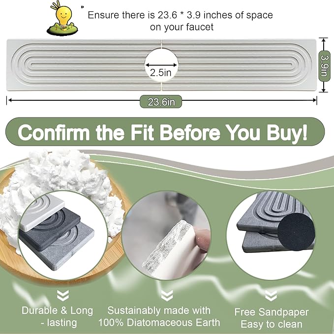 Faucet Mat for Kitchen Sink, 23.6'' Diatomite Stone Drying Mat,Quick Drying Splash Guard,Super Absorbent.Elegant Kitchen ,Bathroom Sink Splash Guard, Durable Countertop Protection (White)