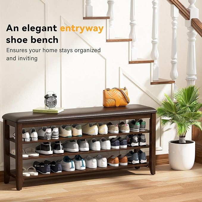 Taitiy Shoe Bench Storage Rubberwood with Leather Cushion for Entryway Bench Ideal for Hallways Shoe Rack Front Doors Entrances Mudrooms Featuring 3 Height-Adjustable and Removable Shelves