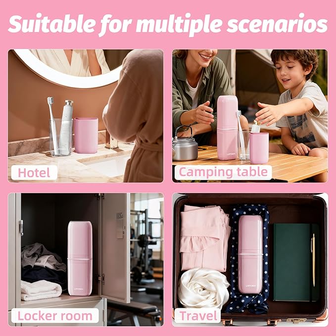 Toothbrush Cup Travel Case, Portable Toothbrush Travel Container Separates into 4 Cups, Tooth Brush Holders with Cover, Toothpaste Storage for Camping, Business Trip, School (Pink)