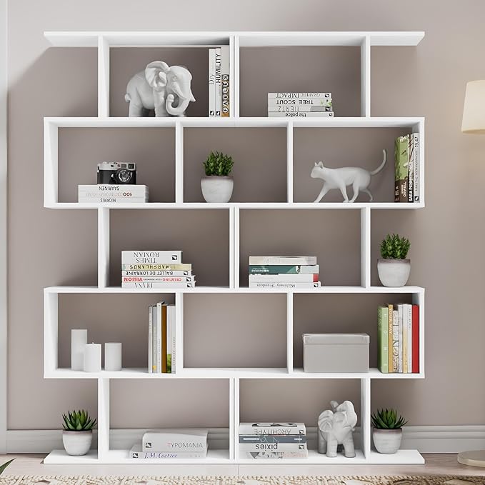 Cozy Castle Set of 2 Geometric Bookcase, S-Shaped Modern Bookshelf, Room Divider Bookshelf, 62" Tall Unique Abstract Bookcase with 5-Tier Display Shelf for Living Room Office, White