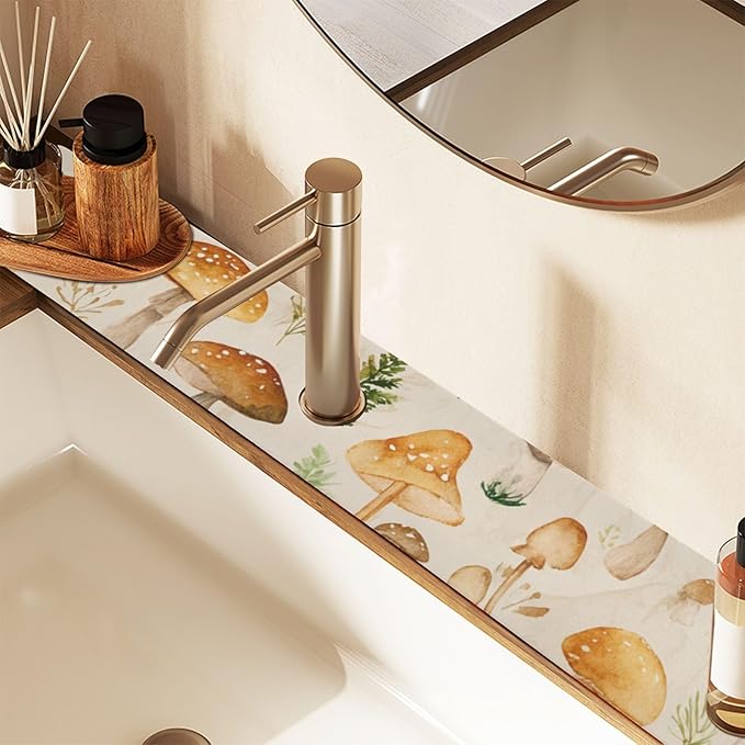 Kitchen Sink Splash Guard 1 PC 14.7 Inch Sink Faucet Mat Splash Guard for Bathroom Countertop Water Absorbent Foldable Cuttable Soft Washable Watercolor Mushrooms Beige