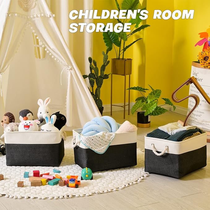 Storage Bins 3 Pack, Fabric Storage Basket for Collapsible Medium Canvas Storage Baskets for Organizing Shelf Nursery Home Closet with Cotton Rope Handle 15(L) x 11(W) x 9.5(H) inch(White&Black-3PCS)