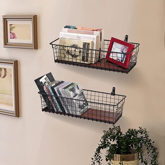 SheeChung 2 Set [Extra Large] Portable Metal Farmhouse Wall Decor Storage Organizer Basket Bin with Handles & Floating Shelves for Hanging in Bathroom, Kitchen, Office-Wall Mount Hooks, Black