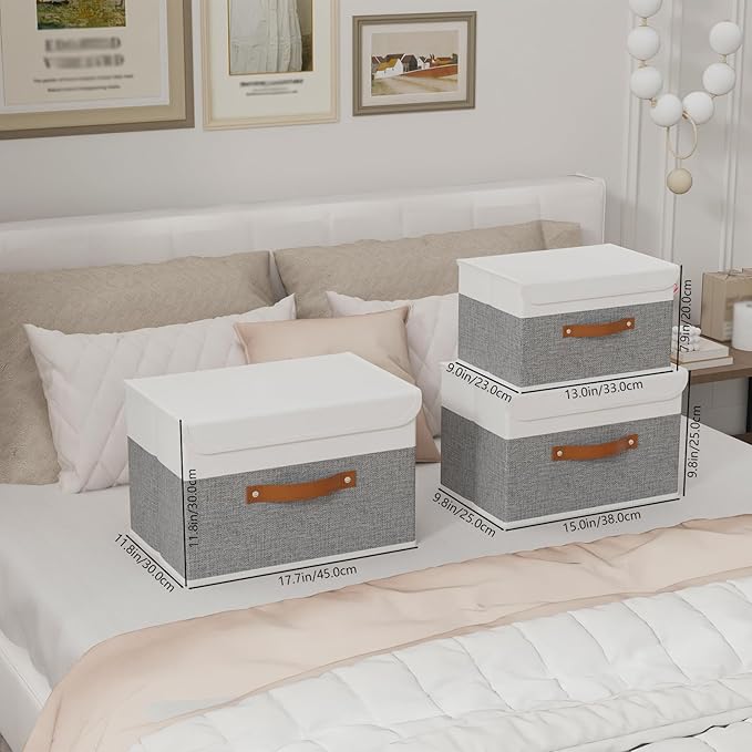 Yawinhe Storage Boxes with Lids, Linen Fabric Bin, Cube Organizer Basket, Washable and Leather Handle, for Home, Closet, White/Grey, 15.0''Lx9.8''Wx9.8''H, 7-Pack, USNK024WGL-7