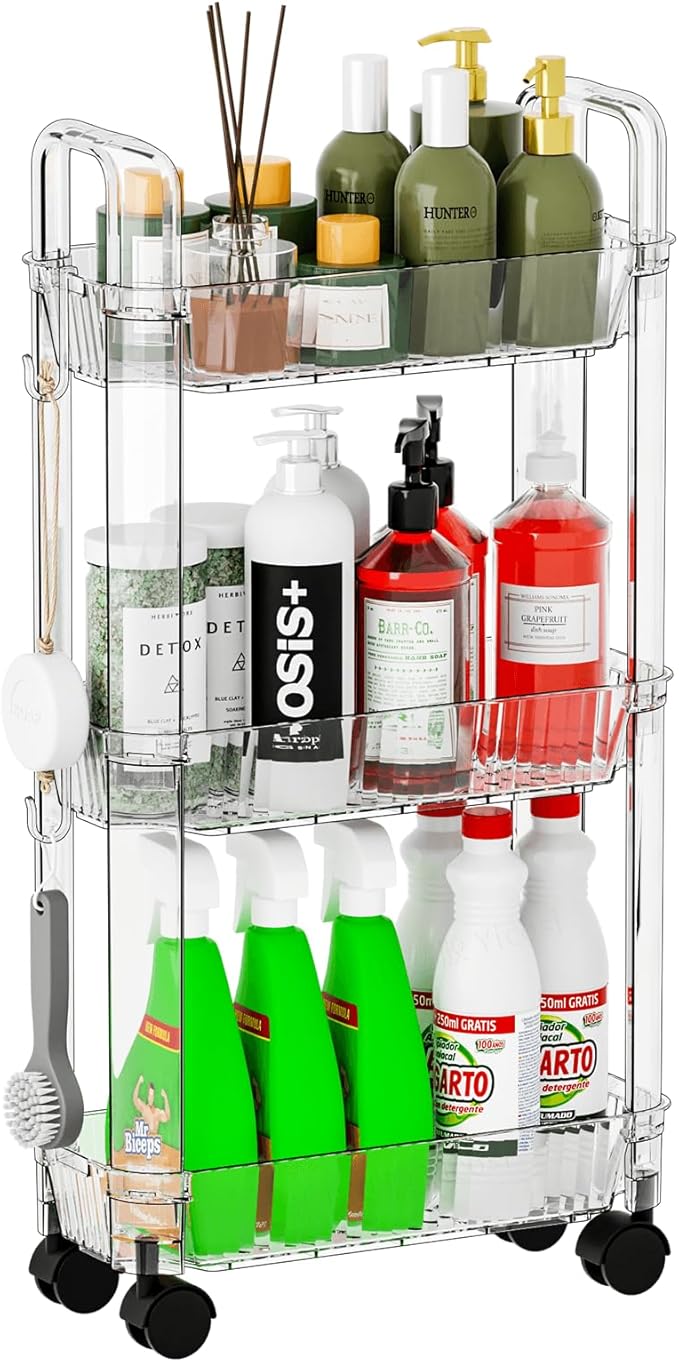 3 Tier Slim Rolling Storage Cart with Wheels for Small Space,Clear Modern Design Slim Utility Cart Suitable as Bathroom Cart Organizer Shelf,Skinny Bathroom Storage Rack,Narrow Laundry Cart on Wheels