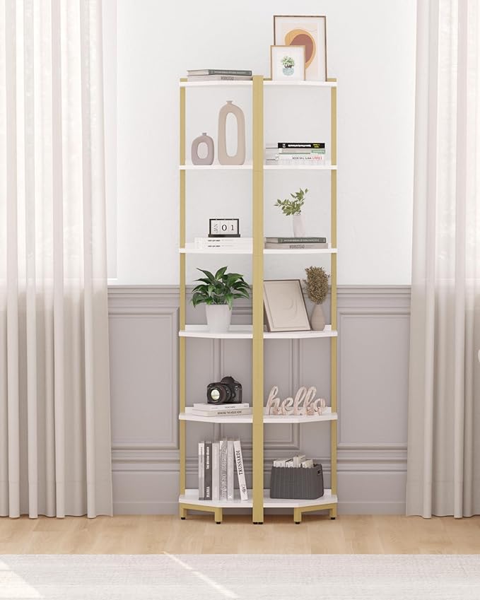 Corner Shelf Stand, Corner Bookshelf, Storage Standing Shelf Unit with Metal Frame, Plant Stand, Bookcase for Living Room, Home Office, Bedroom, 6-Tier White Gold CS06003A