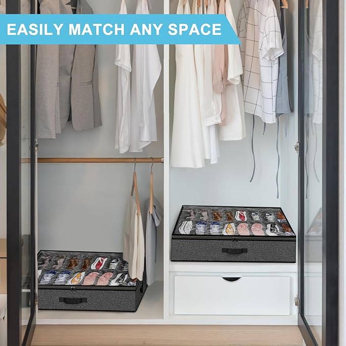 Under Bed Shoe Storage Organizer for Closet, Fits 32 Pairs Underbed Shoes Box Storage Containers Under the Bed Storage Foldable with Sturdy Handles&Clear Window for College Dorms Grey, Set of 2