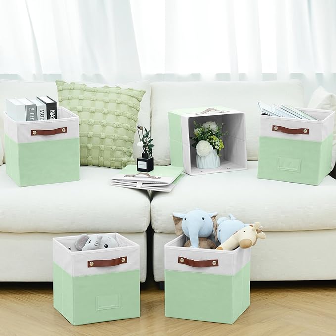 6-Pack Storage Cubes with Handles & Label Holders Basket, Closet Cube Home Organizer Bins(White/Green, 10.5*10.5*11 inch)
