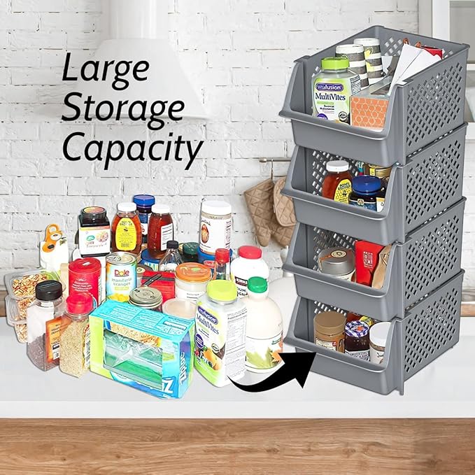 TidyFriend 4 Pack Stackable Storage Bins Open Front for Pantry Organizers and Storage, Plastic Storage Bins for Garage Organization, Garage Storage Bins for Shelves, Racks, Tools & Supplies (Grey)