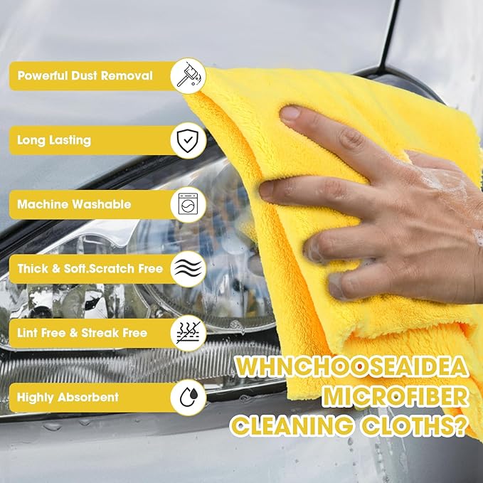 Shimeyao 30 Pcs 16 x 16 Inch Edgeless Microfiber Plush Towels for Cars Detailing Drying Wash Polishing Absorbent Cleaning Cloths, 500 GSM(Yellow, 30 Pcs)