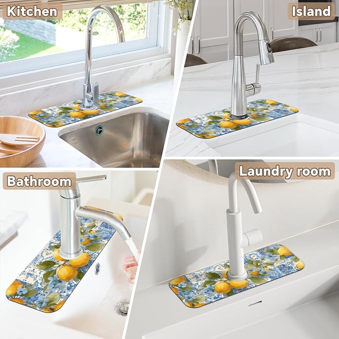 Lemon Sink Faucet Absorbing Mat, Blue Flower Kitchen Faucet Pad, Fresh Sink Splash Guard, for Bathroom Kitchen Sink Faucet Mat Drying Mat 15.4"x5.7", Home Decoration Present