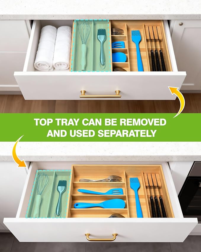 HULISEN Silverware Drawer Organizer with Sliding Top Tray, Double Layer Bamboo Utensil Organizer with Removable Knife Holder, Space-Saving Cutlery Organizer for Kitchen Drawers