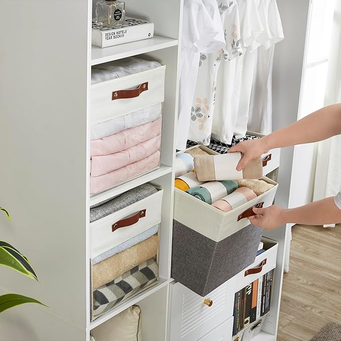 Storage Cubes, 4 Pack Linen Foldable Storage Bins with Clear Window and 2 Handles, 13x15x13 Storage Cube Bins for Shelf Closet, Kallax, Clothes, Books - (Gray and White)