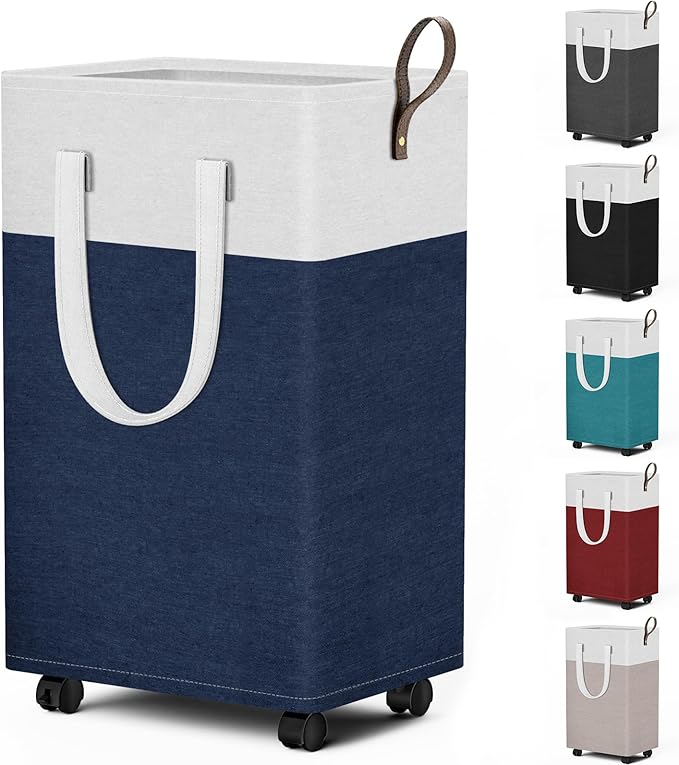 HomeHacks 75L Rolling Laundry Basket with Wheels, Collapsible & Waterproof Laundry Hamper, Mobile Clothes Hamper, Storage Laundry Bins with Handles for Laundry Room, Bedroom, Bathroom & Dorm, Blue