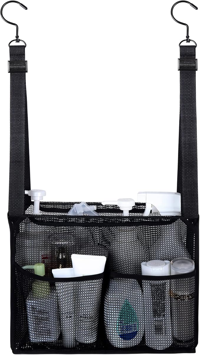 GUMQDD 4 Storage Pockets Adjustable Hanging Mesh Bathroom Bag, Shower Caddy College with Hooks, Applied to College Dorm Rooms, Gym, Swimming and RV Travel (Black)