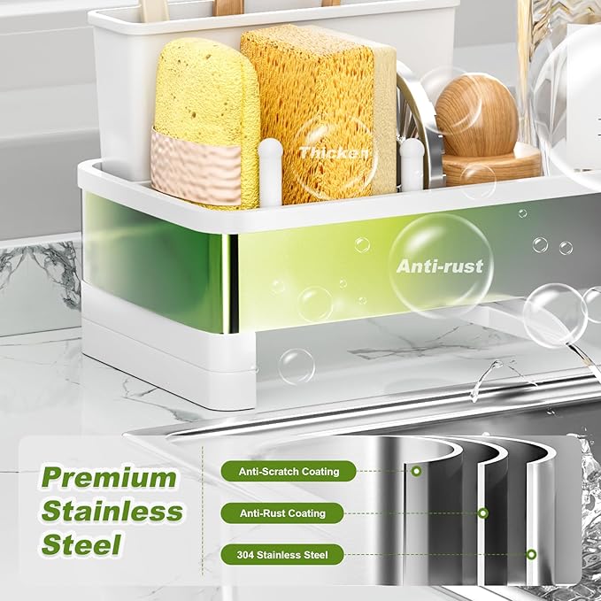 Ewaiira Stainless Steel Sink Caddy, Sponge Holder for Kitchen Sink with Brush Holder & Dishcloth Rack, Rustproof Organizer Countertop, Soap Dispenser Kitchen Organizers Storage Essentials, White