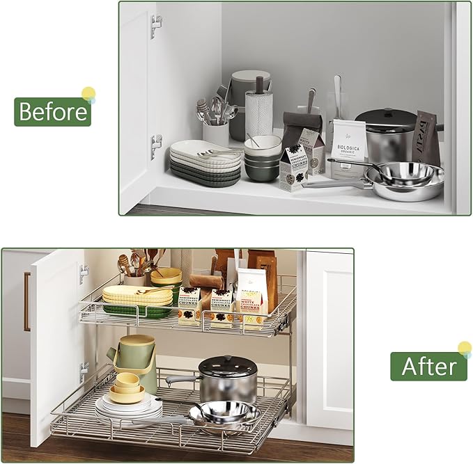 MODCART 2 Tier Individual Pull Out Cabinet Organizer 25½" W x 21½" D, Heavy Duty Cabinet Pull Out Shelves, Slide Out Drawers Organization for Kitchen Cabinets Bathroom