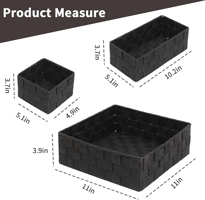 Woven Storage Baskets Set of 4, Stackable Fabric Storage Bins with Metal Frame for Closet, Shelf, Drawer, Nursery, and Office Organization – Polypropylene Organizer Boxes, Black