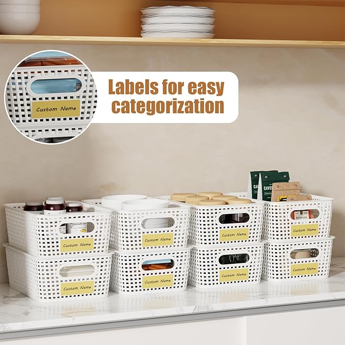 8 PCS Plastic Storage Baskets with Lids, Stackable Storage Bins with Lids & Labels for Organizing, Small Storage Bins for shelves, Office, Drawer, Cabinet & Pantry,Nursery Organization,10.2*7.2*4.1In