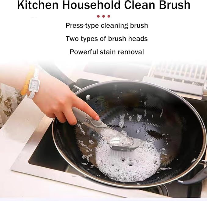 Soap Dispensing Dish Brush with Holder, Kitchen Pot Pan Scrub Brush Set with Replaceable Brush Head, Sink Cleaning Brush with Storage Tray (3-Piece Set Sponge Head)