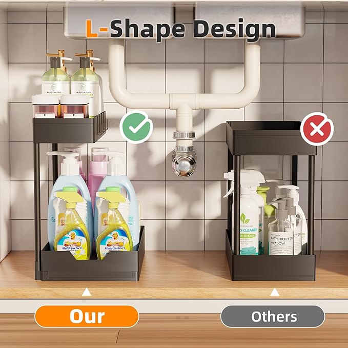 Simple Trending Under Sink Organizer 2 Pack, Sink Pull-Out Sliding Storage Cabinet, 2-Tier Under Shelf Organizer for Kitchen Bathroom with Hooks, Black