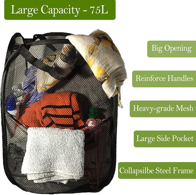 BATTOO Deluxe Strong Mesh Pop up Laundry Hamper Basket with Side Pocket Foldable Hamper for Laundry Room, Bathroom, Kids Room, College Dorm or Travel Black + Black