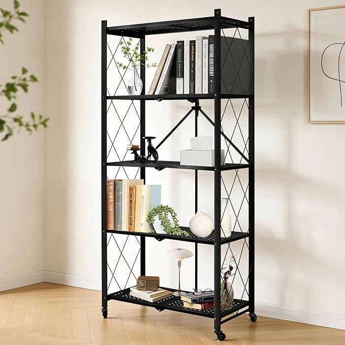 5-Tier Foldable Storage Shelf with Wheels, Heavy-Duty Metal Collapsible Shelving Unit, Rolling Storage Rack for Kitchen Pantry Garage Office, Pre-Assembled Organizer