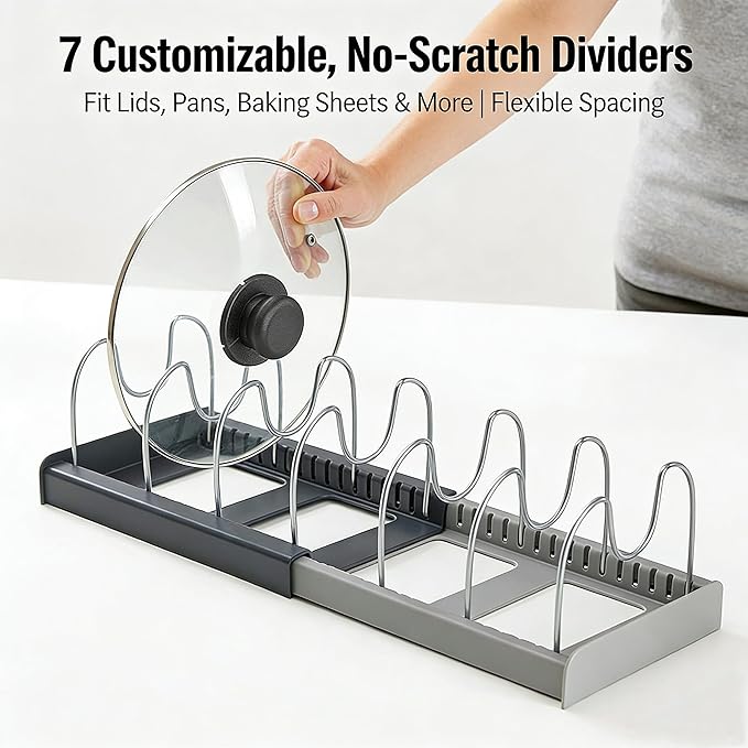 Pots and Pans Organizer for Cabinet Expandable12~22" Pot Lids Organizer Holder with 7 Adjustable Dividers Space-Saving Kitchen Organization Rack for Baking Pans, Cookware & Cutting Boards