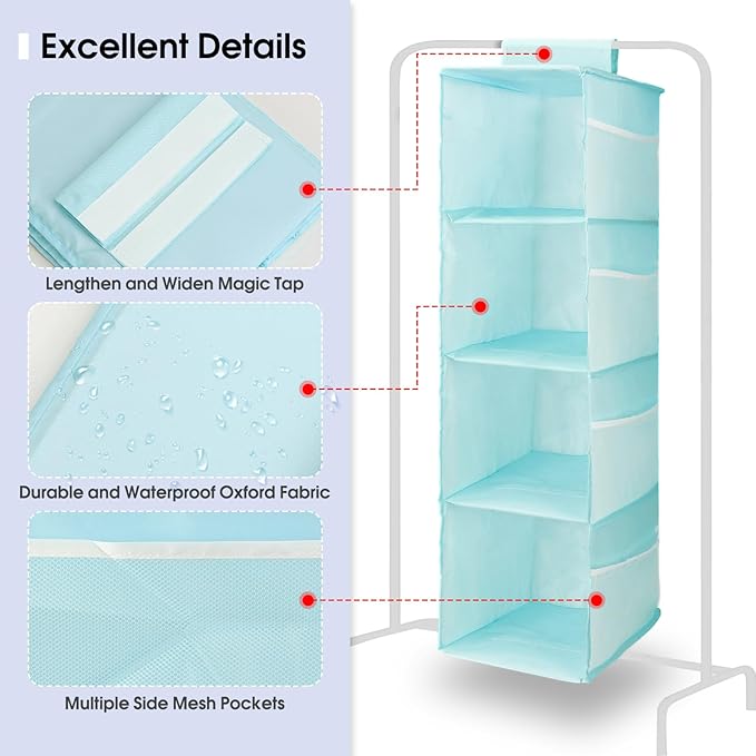 PetsHome 4-Shelf Hanging Closet Organizer, Space Saver, Closet Hanging Storage Shelves with Mesh Pockets & Magic Tap for Storage, Foldable-Blue