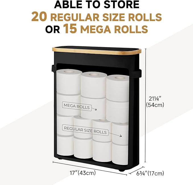 StorageWorks Toilet Paper Storage Baskets with Dual Flip Lids, Toilet Paper Organizer for Bathroom, Toilet Paper Container with Side Pocket, Holds 15 Mega or 20 Regular Rolls, Large, Black
